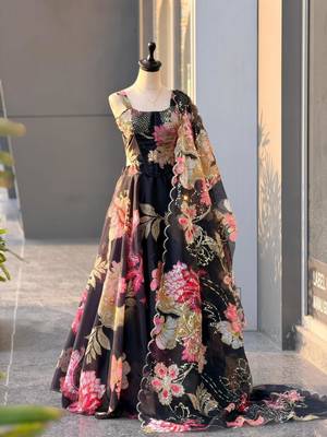 black organza printed  lehenga choli with free size upto 42 4