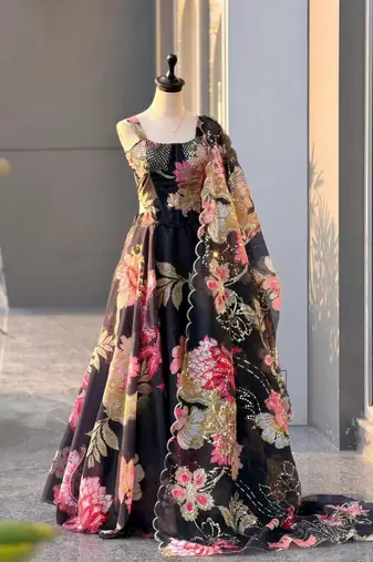 black organza printed  lehenga choli with free size upto 42