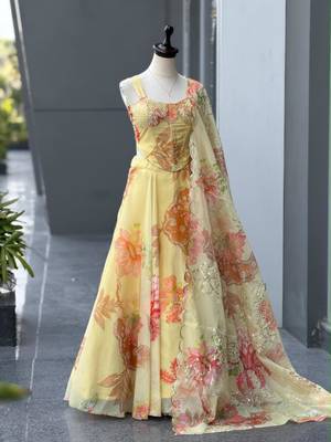 light lemon organza printed  lehenga choli with free size upto 42 2