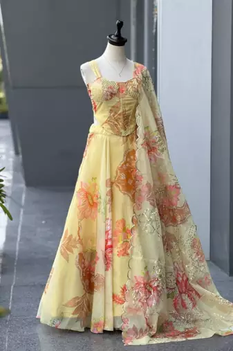 light lemon organza printed  lehenga choli with free size upto 42
