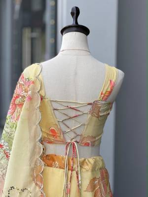 light lemon organza printed  lehenga choli with free size upto 42 3