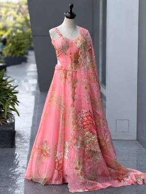 pink organza printed  lehenga choli with free size upto 42 2