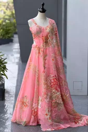 pink organza printed  lehenga choli with free size upto 42