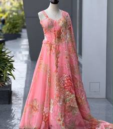 pink organza printed  lehenga choli with free size upto 42