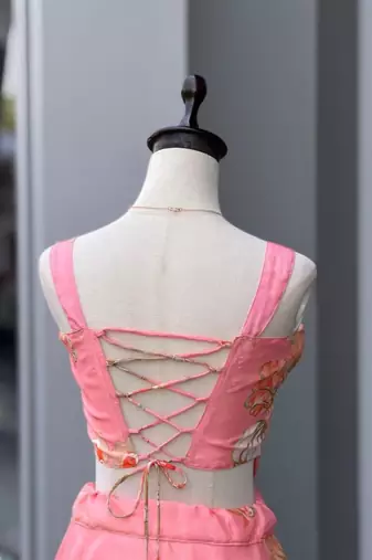 pink organza printed  lehenga choli with free size upto 42