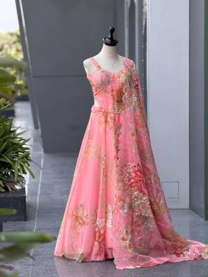 pink organza printed  lehenga choli with free size upto 42 4