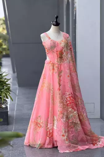 pink organza printed  lehenga choli with free size upto 42