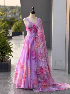 purple organza printed  lehenga choli with free size upto 42 2