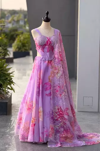 purple organza printed  lehenga choli with free size upto 42