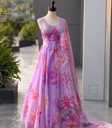 purple organza printed  lehenga choli with free size upto 42
