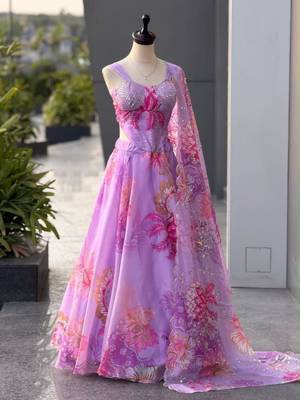 purple organza printed  lehenga choli with free size upto 42 3