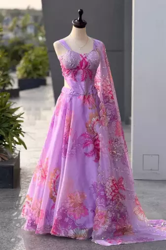purple organza printed  lehenga choli with free size upto 42
