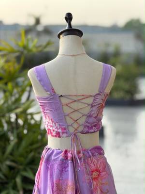 purple organza printed  lehenga choli with free size upto 42 4