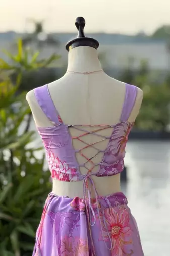 purple organza printed  lehenga choli with free size upto 42