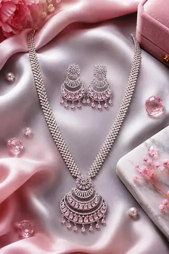 Rhodium Finish Bridal AD Long Necklace Set