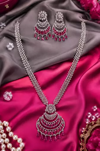 Rhodium finish elegant long american diamond necklace set