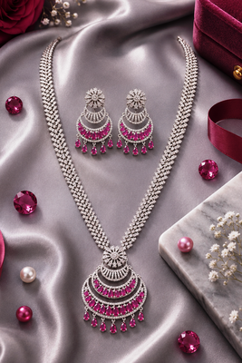Rhodium finish wedding wear long diamond necklace set 2