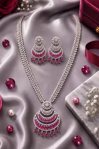 Rhodium finish wedding wear long diamond necklace set