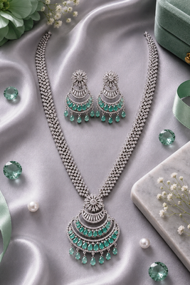 Rhodium finish premium long american diamond necklace set 2