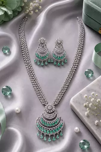 Rhodium finish premium long american diamond necklace set