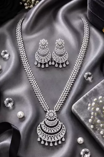 Rhodium finish premium cz long necklace set
