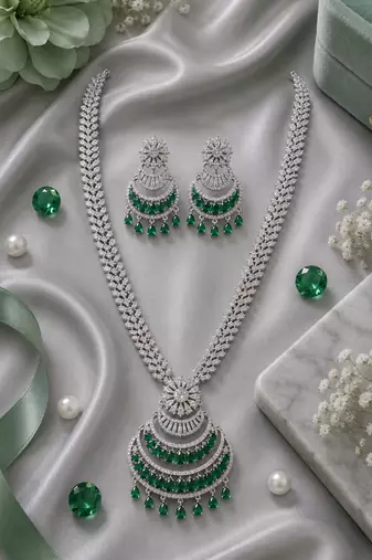Rhodium finish grand bridal american diamond necklace set