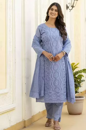 Elegant blue chikankari cotton suit set with dupatta