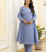 Elegant blue chikankari cotton suit set with dupatta