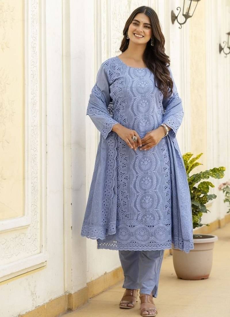 Elegant blue chikankari cotton suit set with dupatta