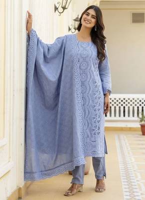 Elegant blue chikankari cotton suit set with dupatta 2