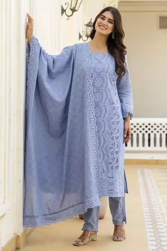 Elegant blue chikankari cotton suit set with dupatta