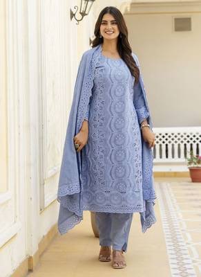 Elegant blue chikankari cotton suit set with dupatta 3