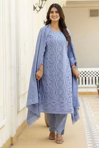 Elegant blue chikankari cotton suit set with dupatta