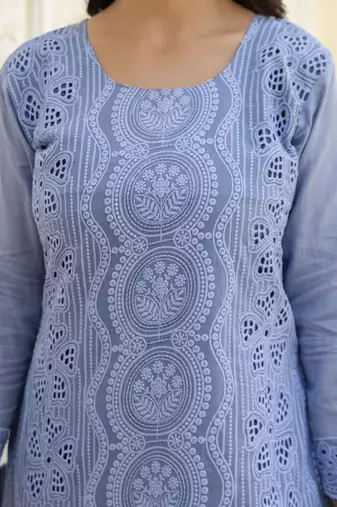 Elegant blue chikankari cotton suit set with dupatta