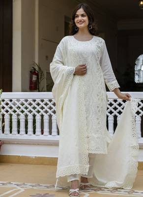 Elegant off white chikankari cotton suit set with dupatta 1