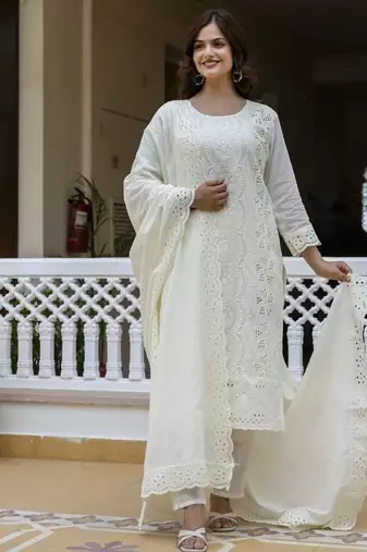Elegant off white chikankari cotton suit set with dupatta