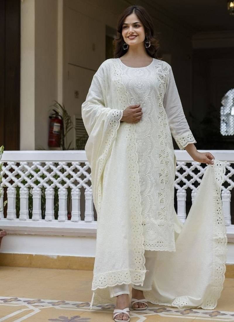 Elegant off white chikankari cotton suit set with dupatta