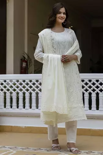 Elegant off white chikankari cotton suit set with dupatta