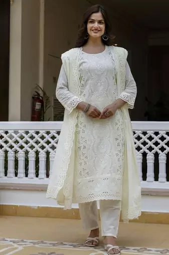 Elegant off white chikankari cotton suit set with dupatta