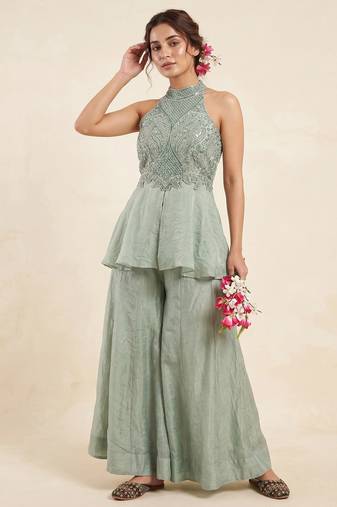 Mint green fandy crush beads work sharara palazzo set