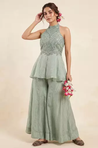 Mint green fandy crush beads work sharara palazzo set