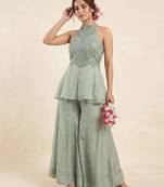 Mint green fandy crush beads work sharara palazzo set