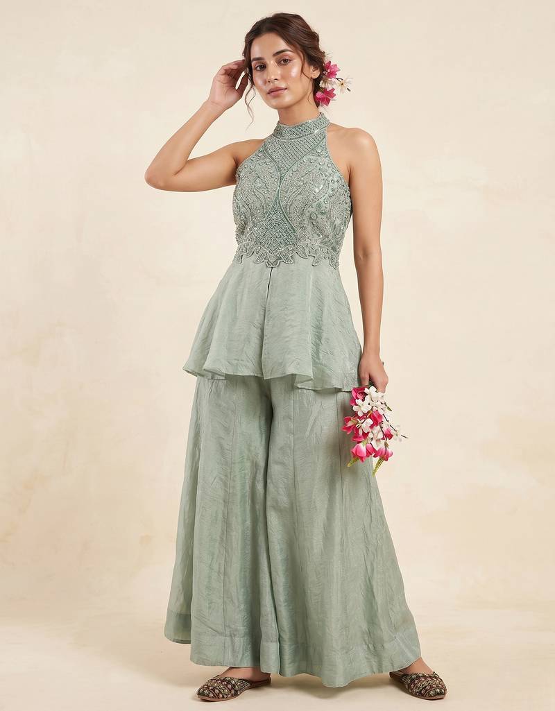 Mint green fandy crush beads work sharara palazzo set