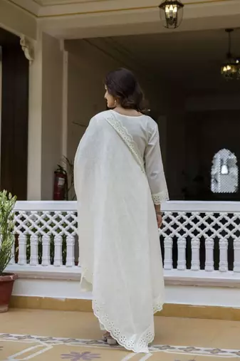 Elegant off white chikankari cotton suit set with dupatta