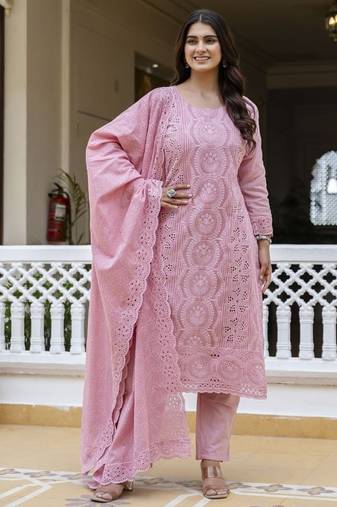 Elegant pink chikankari cotton suit set with dupatta