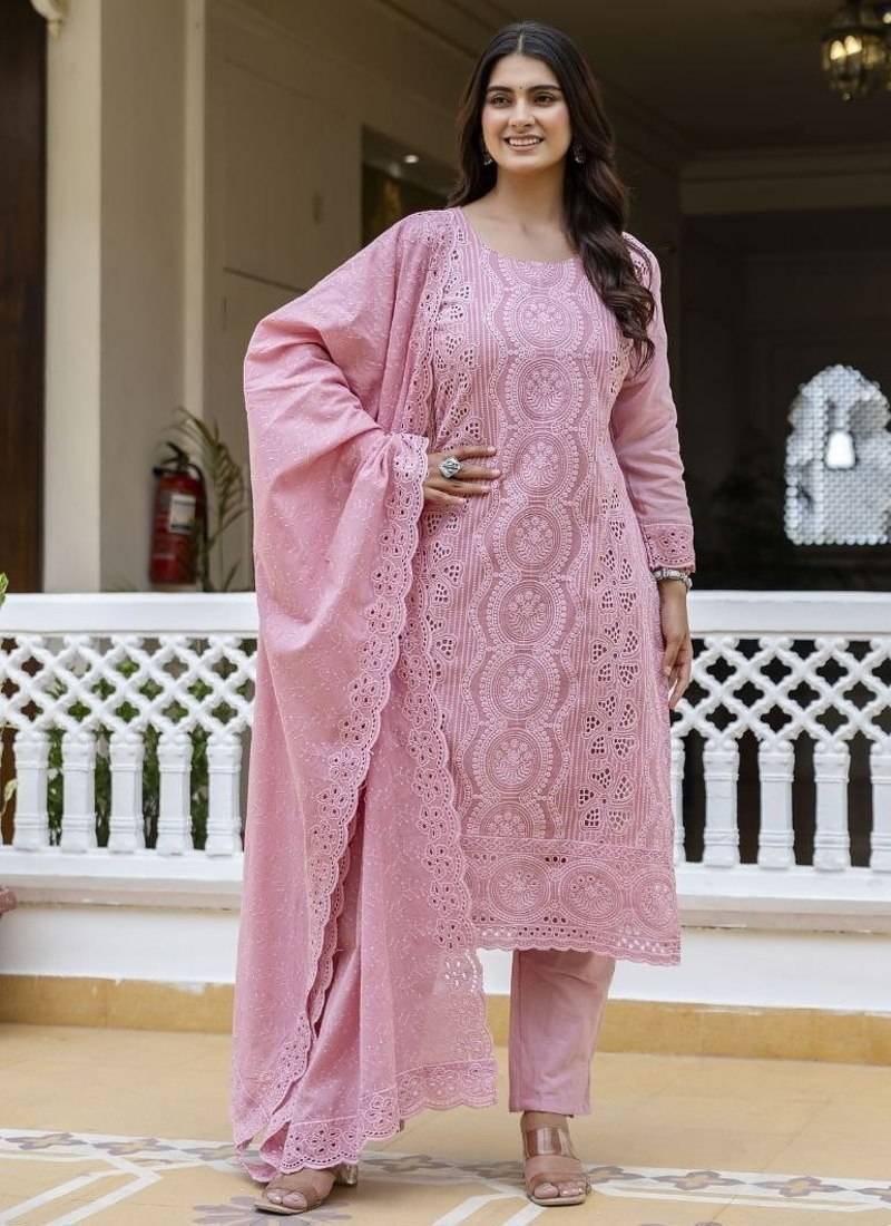 Elegant pink chikankari cotton suit set with dupatta
