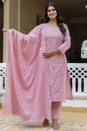 Elegant pink chikankari cotton suit set with dupatta