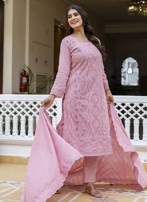 Elegant pink chikankari cotton suit set with dupatta 3