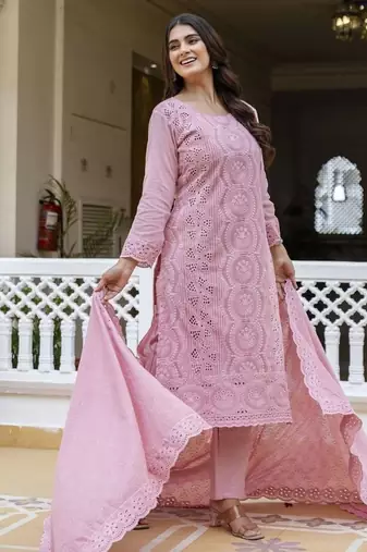 Elegant pink chikankari cotton suit set with dupatta