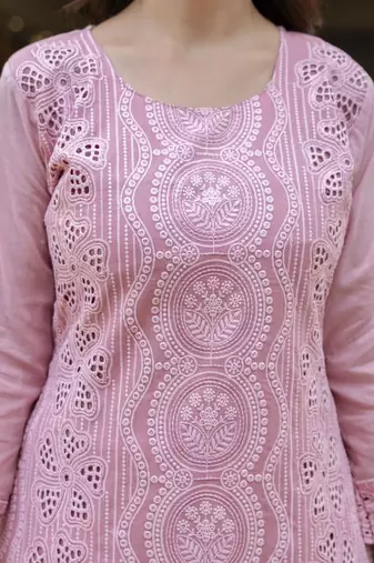 Elegant pink chikankari cotton suit set with dupatta